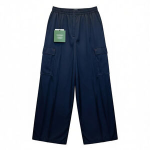 Marella Birillo Navy Satin Cargo Wide-Leg Pants • Size 8• High-Rise Luxe NWT